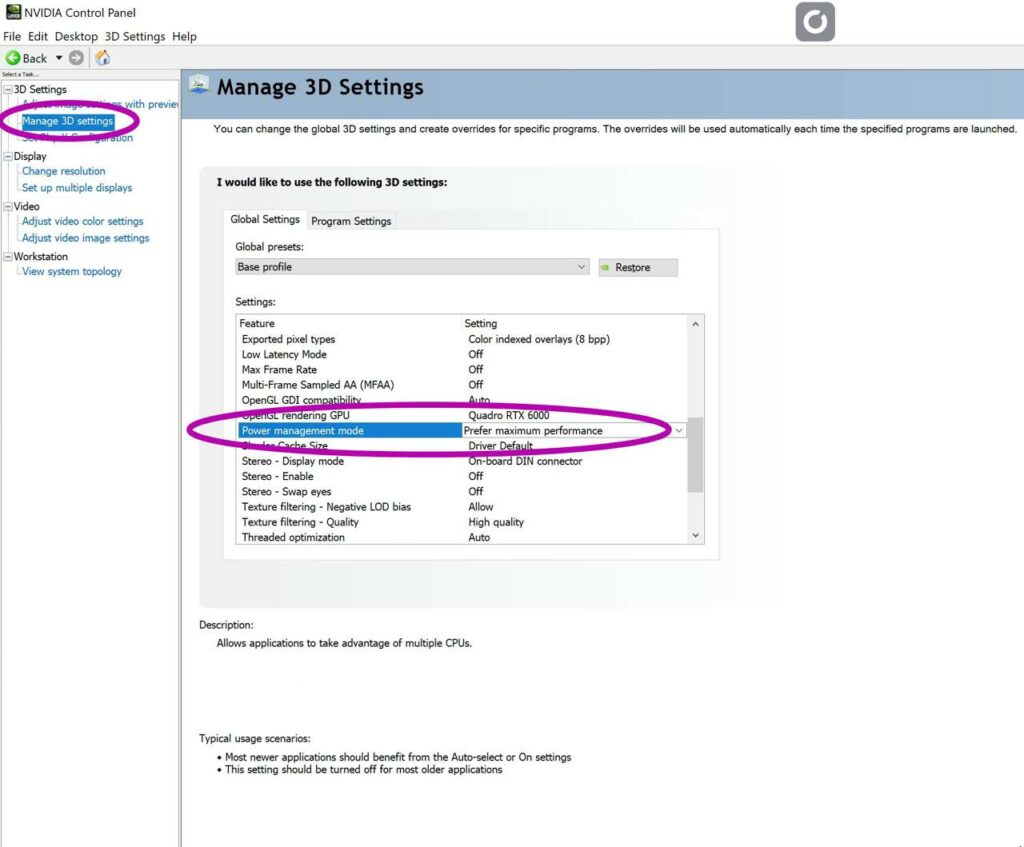 mode d'alimentation du panneau de configuration Nvidia